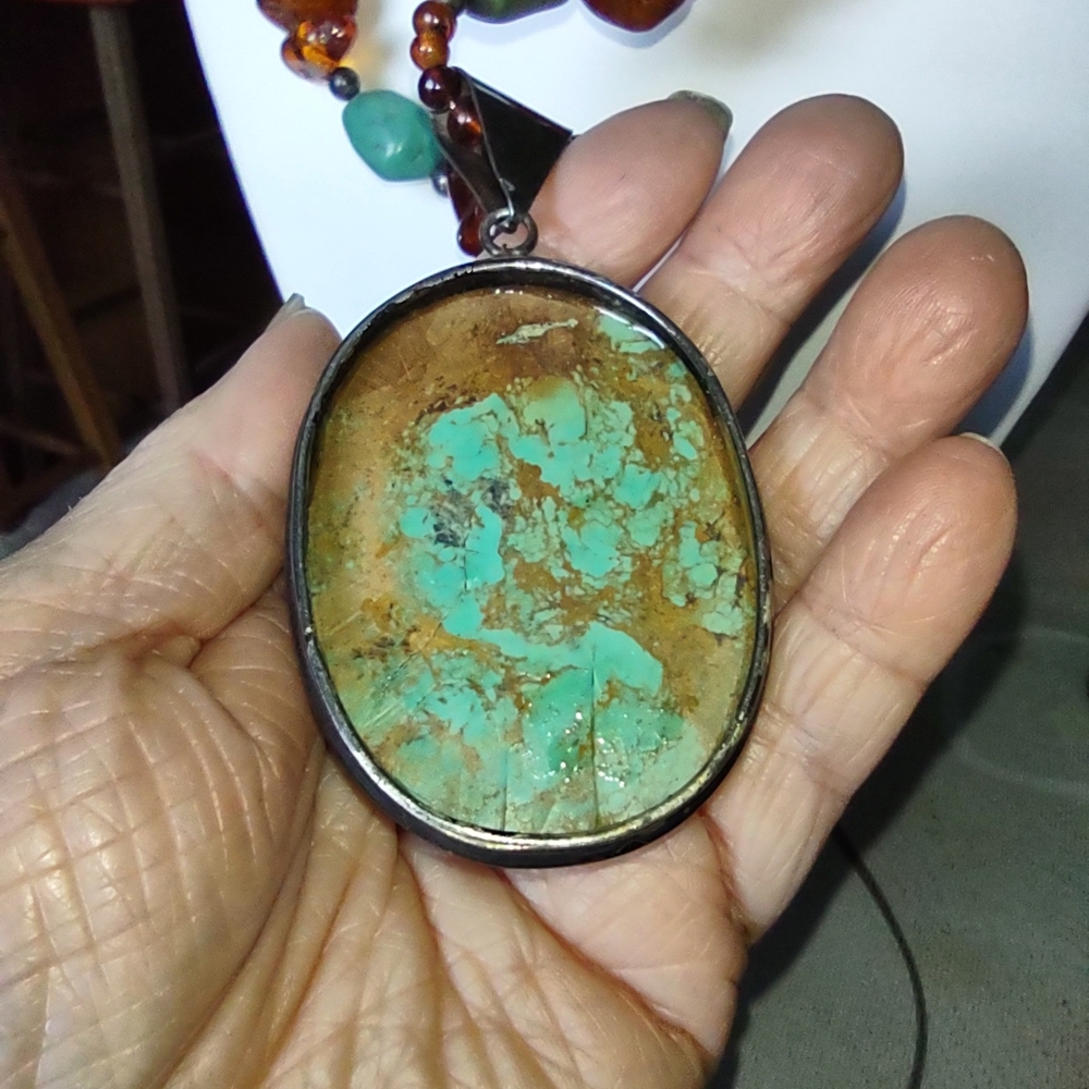 Enormous Turquoise and Amber Pendant Necklace - Statement Piece - Very Heavy - Picture 10 of 16